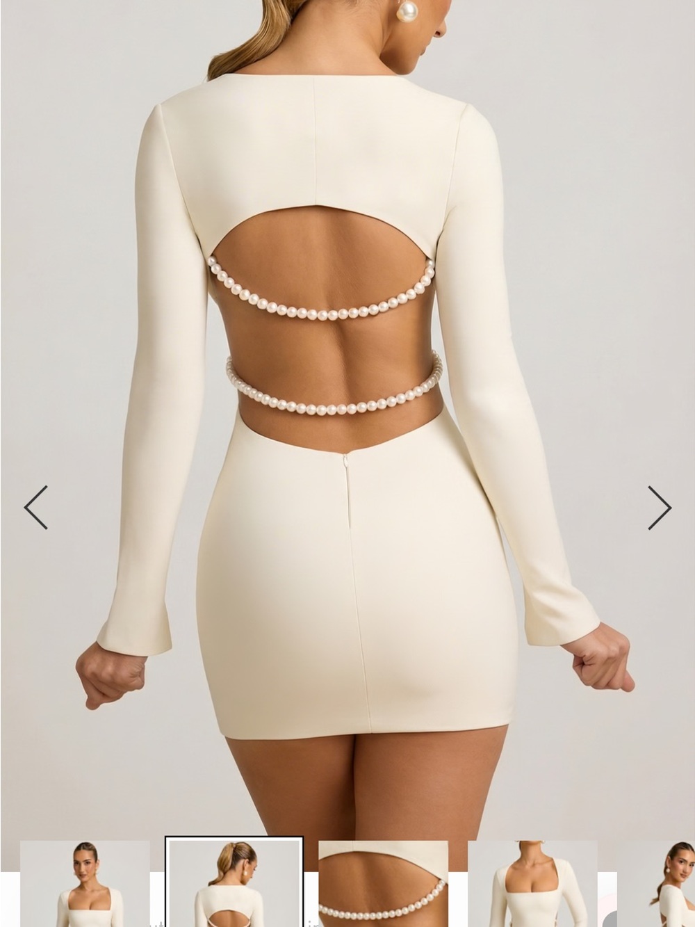 Oh Polly Cream Back-Pearl Long Sleeve Mini Dress